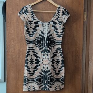 H&M Geometric Patterned Black and Tan Dress